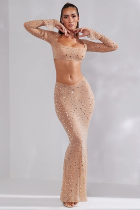 Sheer Embellished V-Waist Gown Skirt in Almond Bottoms Womens - women's pants clearance