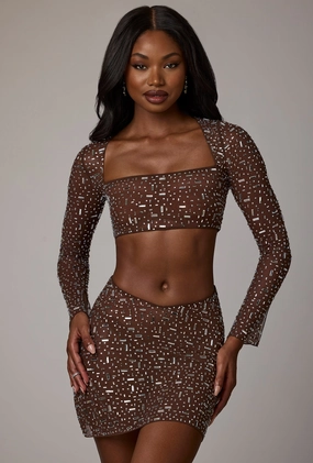 Sheer Embellished V Waist Mini Skirt in Deep Cocoa Bottoms Womens - women's pants clearance