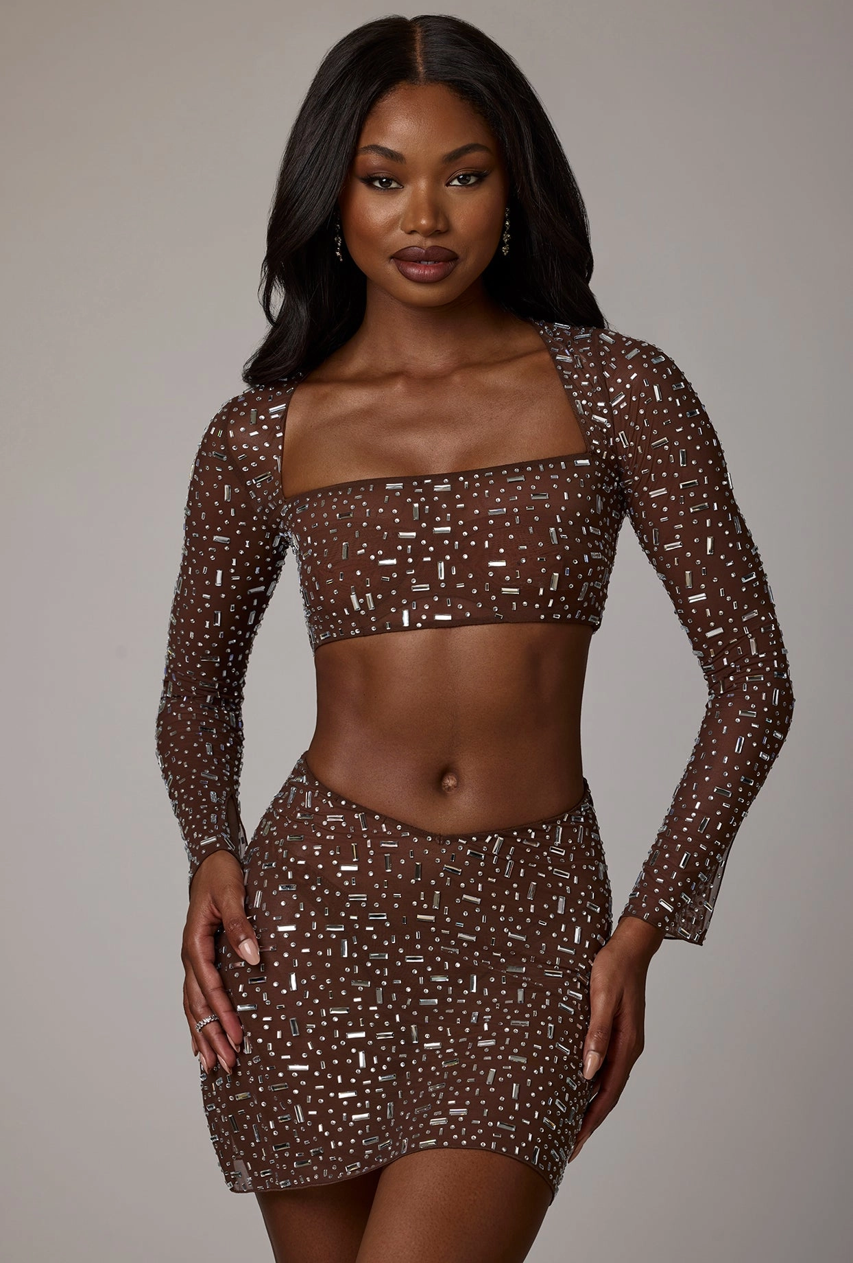 Sheer Embellished V Waist Mini Skirt in Deep Cocoa Bottoms Womens - women's pants clearance