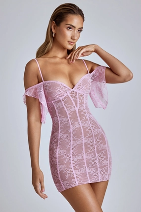 Sheer Lace A-Line Mini Dress in Baby Pink Dresses best price