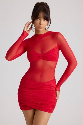 Sheer Panelled Long Sleeve Mini Dress in Fire Red shop for Dresses online