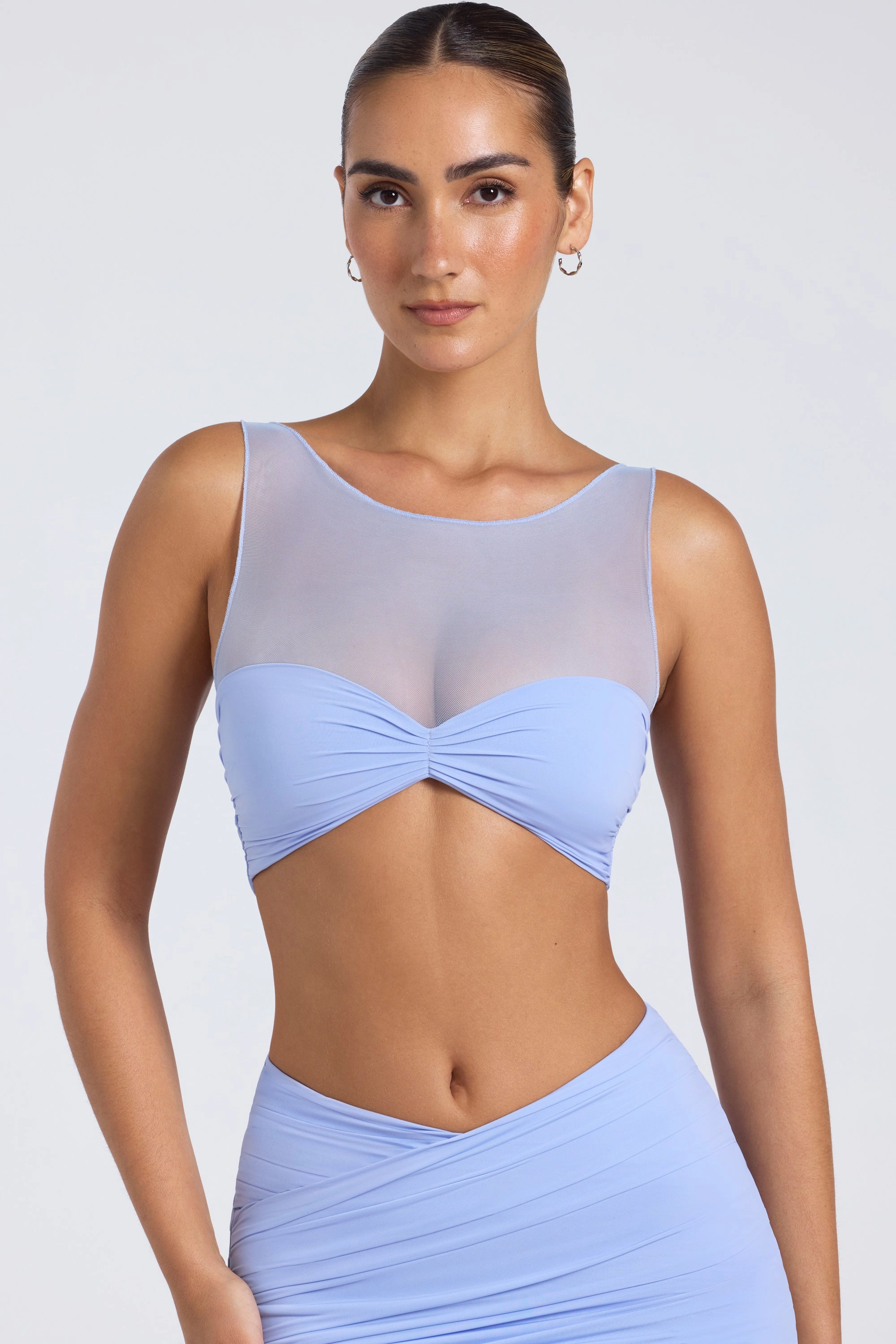 Sheer Panelled Ruched Crop Top in Periwinkle Blue Tops - tops on sale