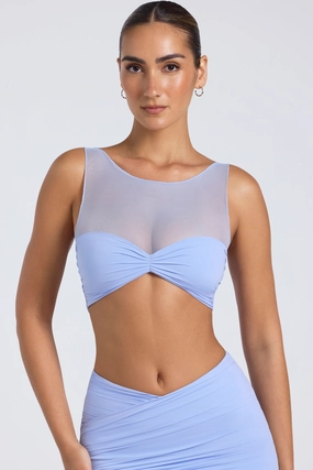 Sheer Panelled Ruched Crop Top in Periwinkle Blue Tops - tops on sale