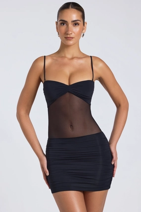 Sheer Panelled Ruched Mini Dress in Black Dresses - dresses on sale