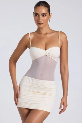 Sheer Panelled Ruched Mini Dress in Ivory cheap Dresses on sale