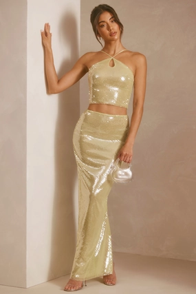Sheer Sequin Mid Rise Maxi Skirt in Pistachio Bottoms Womens - women's pants clearance
