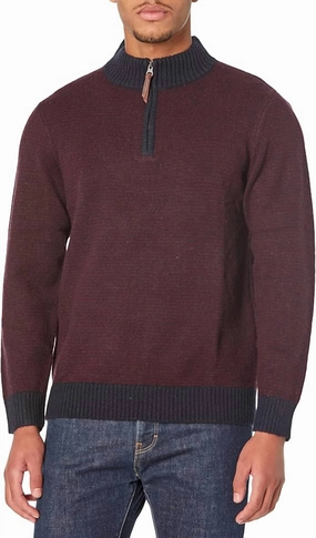 Shetland Wool Half Zip Sweater In Navy/burgundy winter sweaters outlet