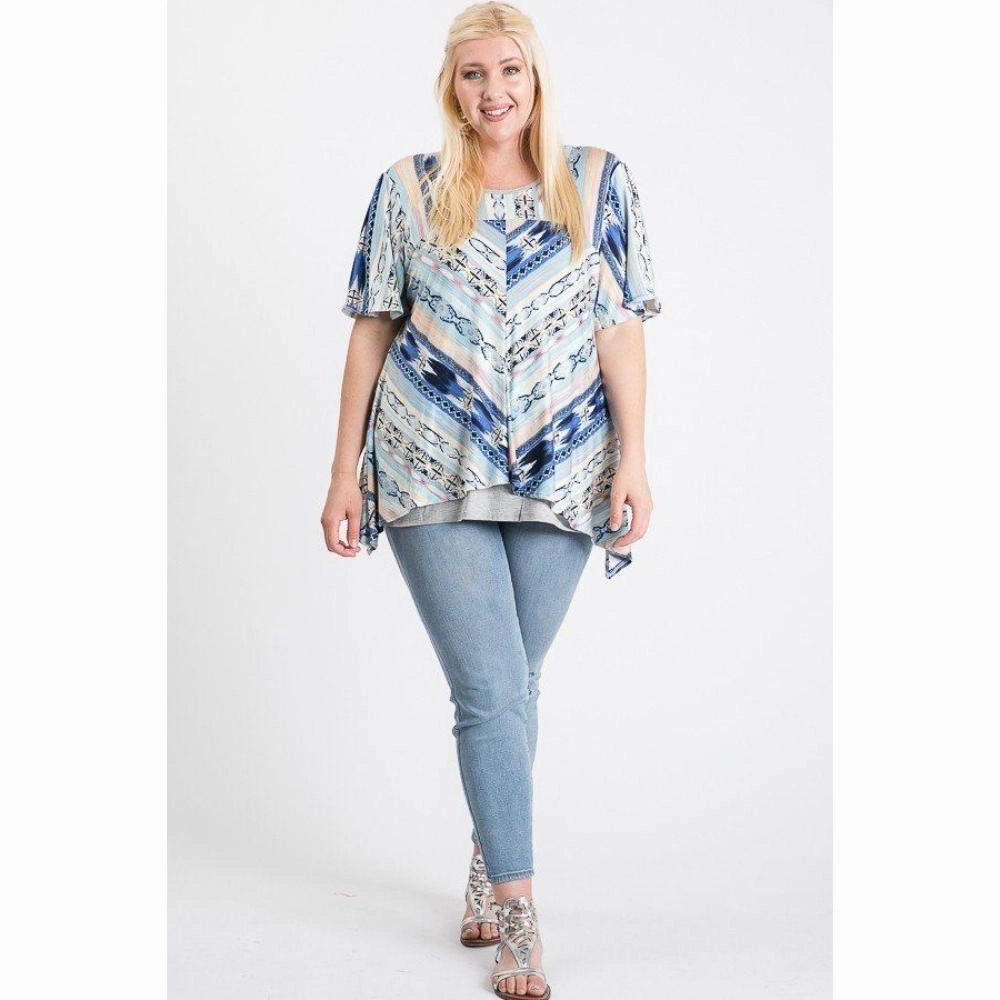 Short Sleeve Aztec Patterned Layered Top