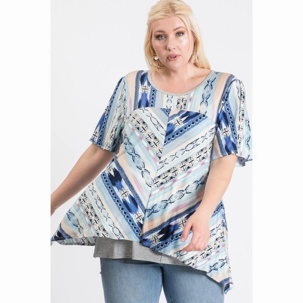 Short Sleeve Aztec Patterned Layered Top