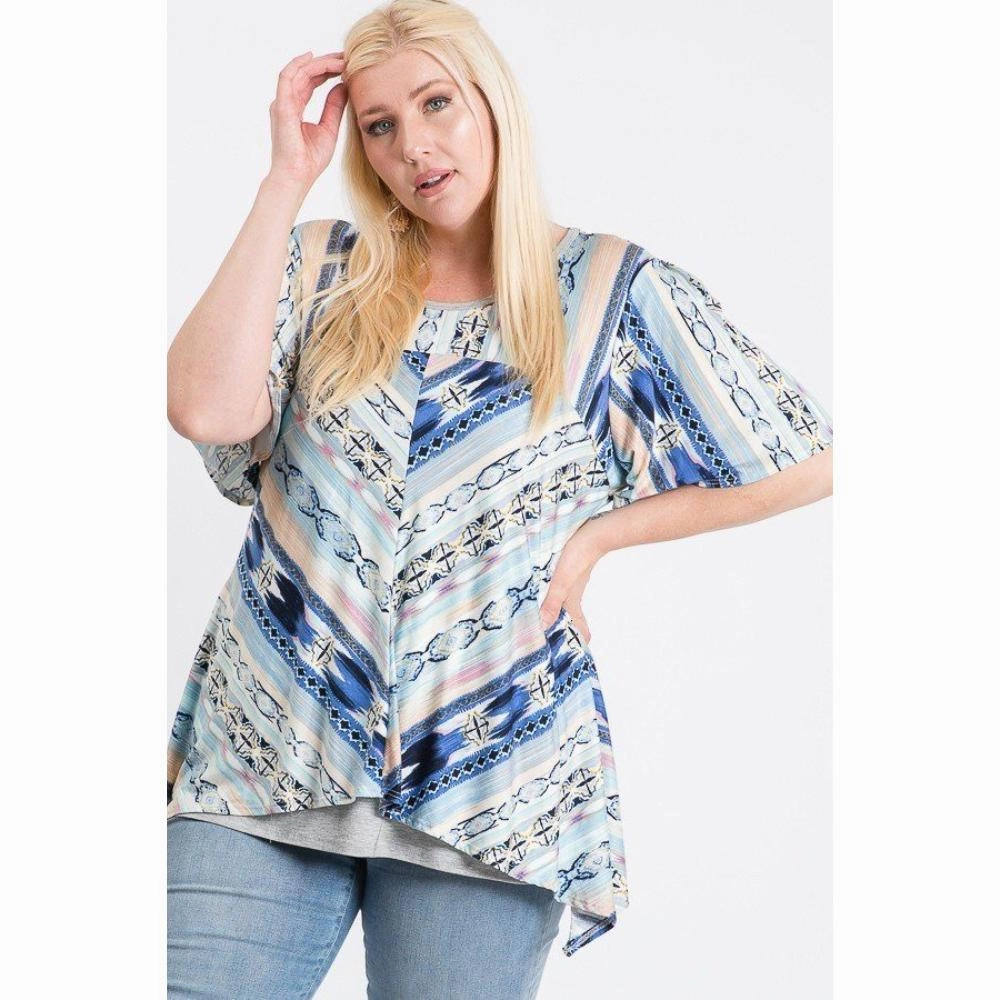 Short Sleeve Aztec Patterned Layered Top