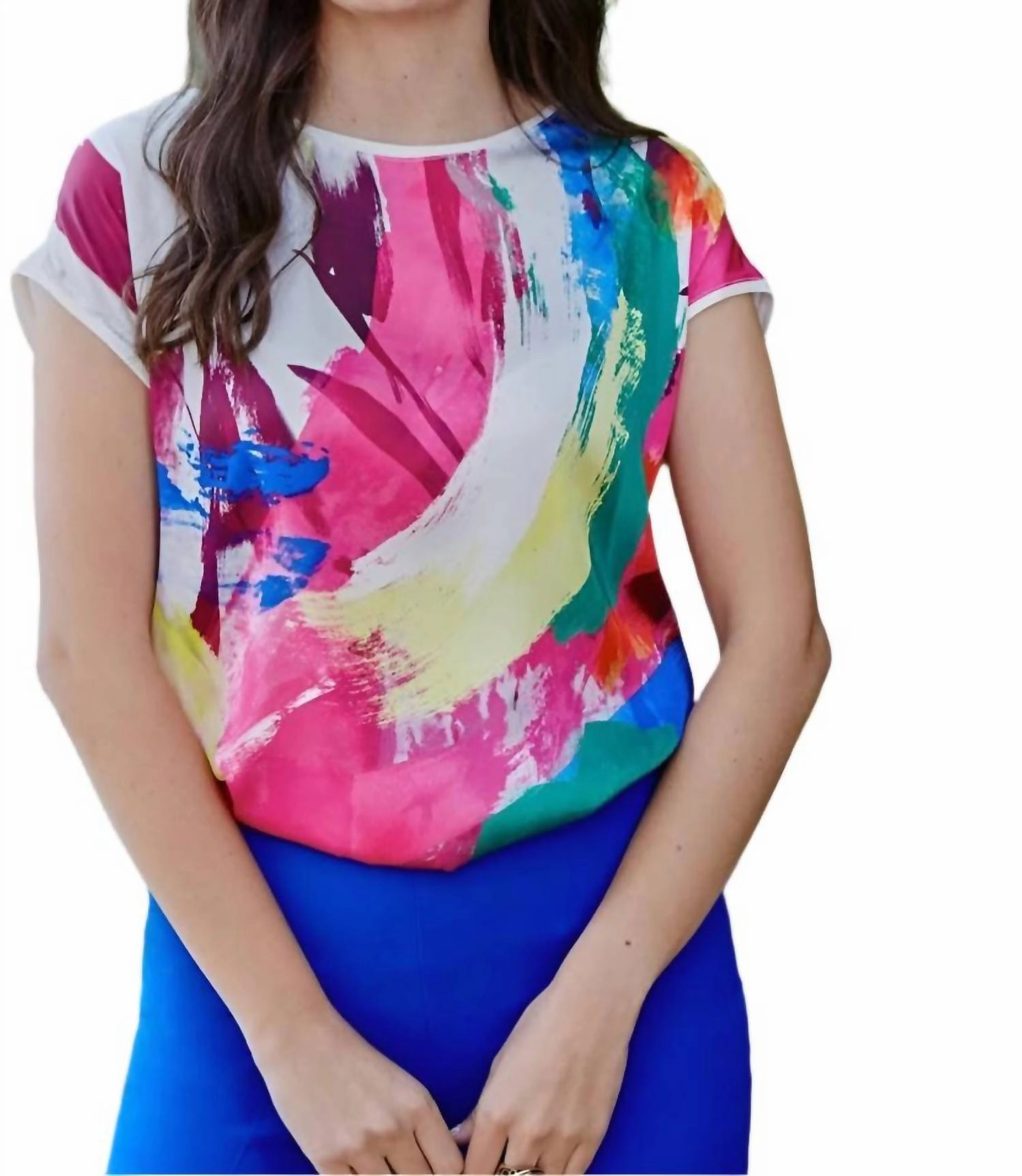 Short Sleeve Loose Fitting Top In Multi/vanilla