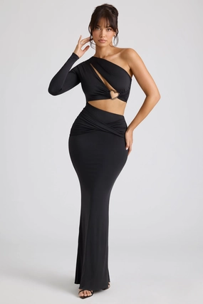 Single Sleeve Cut Out Evening Gown in Black Dresses - maxi dresses best price