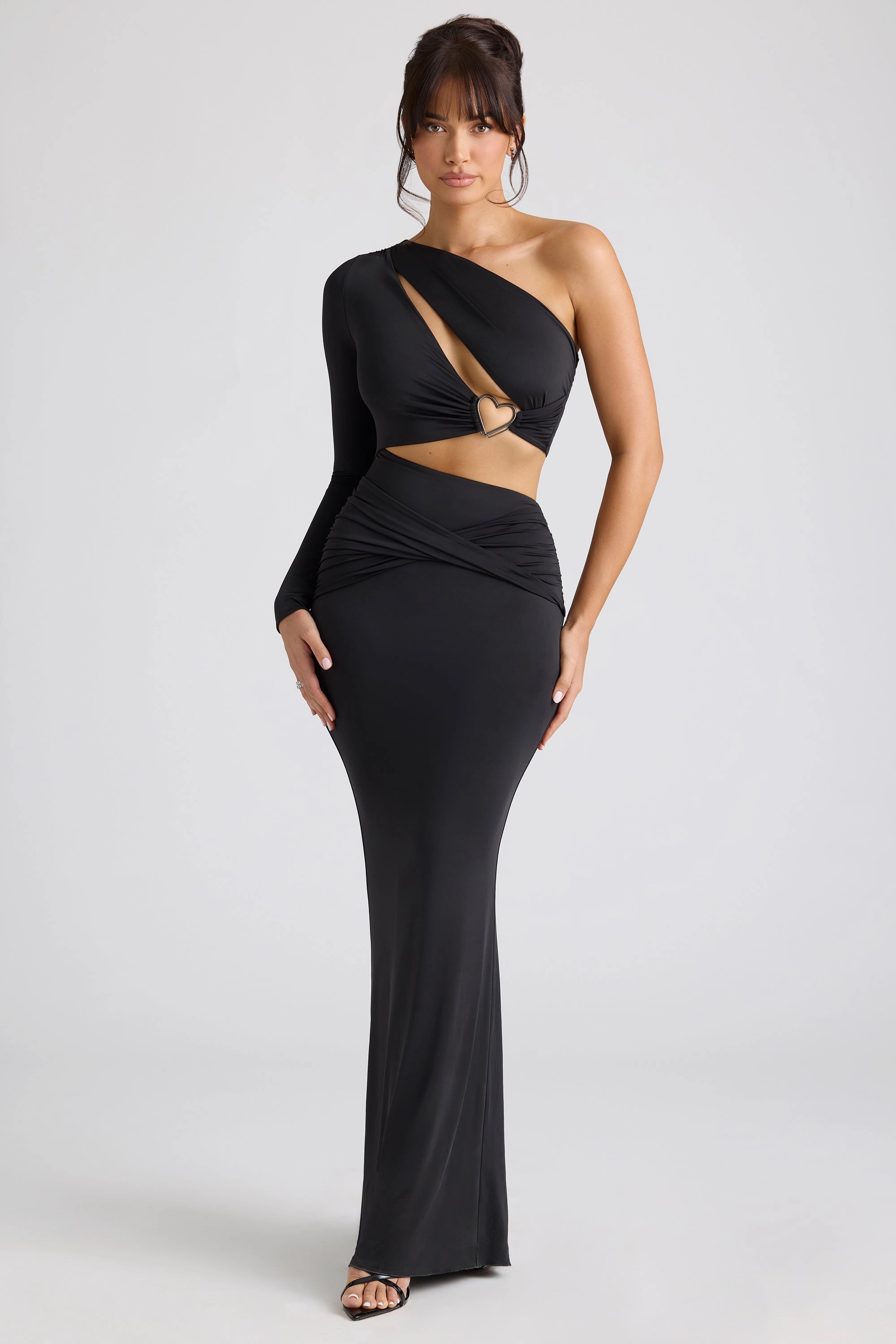 Single Sleeve Cut Out Evening Gown in Black