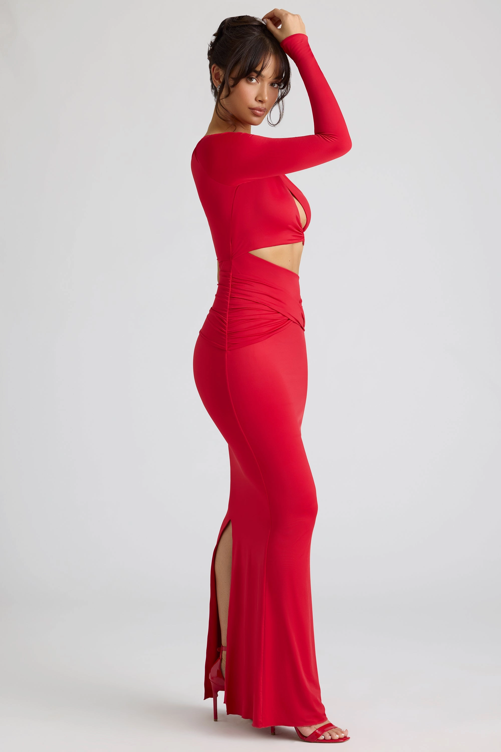 Single Sleeve Cut Out Evening Gown in Fire Red