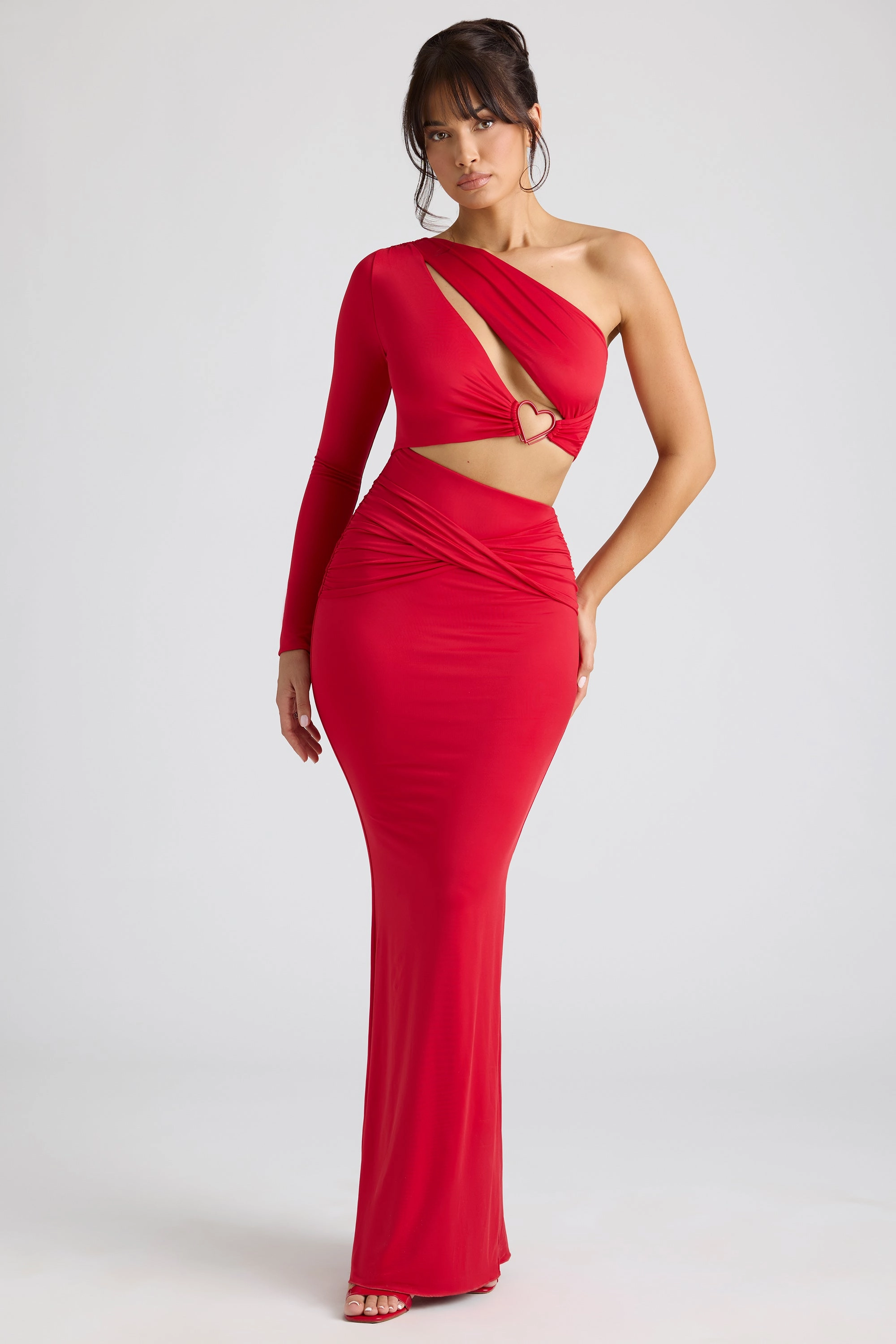 Single Sleeve Cut Out Evening Gown in Fire Red