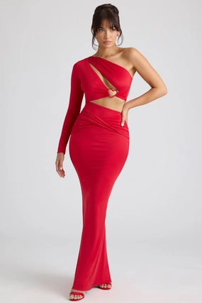 Single Sleeve Cut Out Evening Gown in Fire Red Dresses - maxi dresses best price