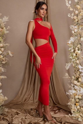 Single Sleeve Cut Out Maxi Dress in Red shop for Dresses online