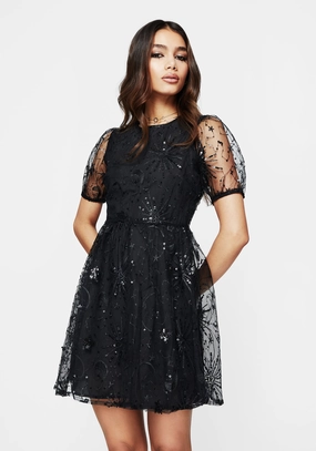 Sirius Sequined Puff Sleeve Mini Dress Dresses Womens - women's dresses clearance