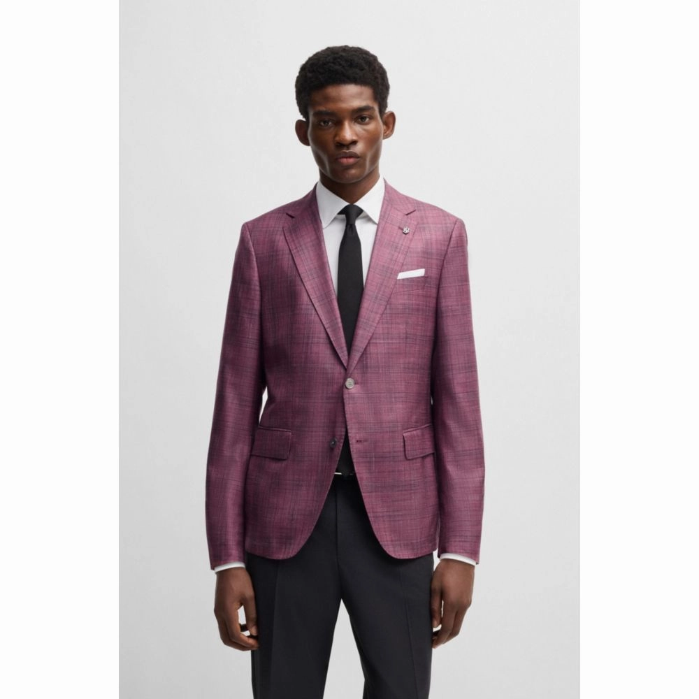 Slim-fit blazer in checked virgin wool, silk and linen