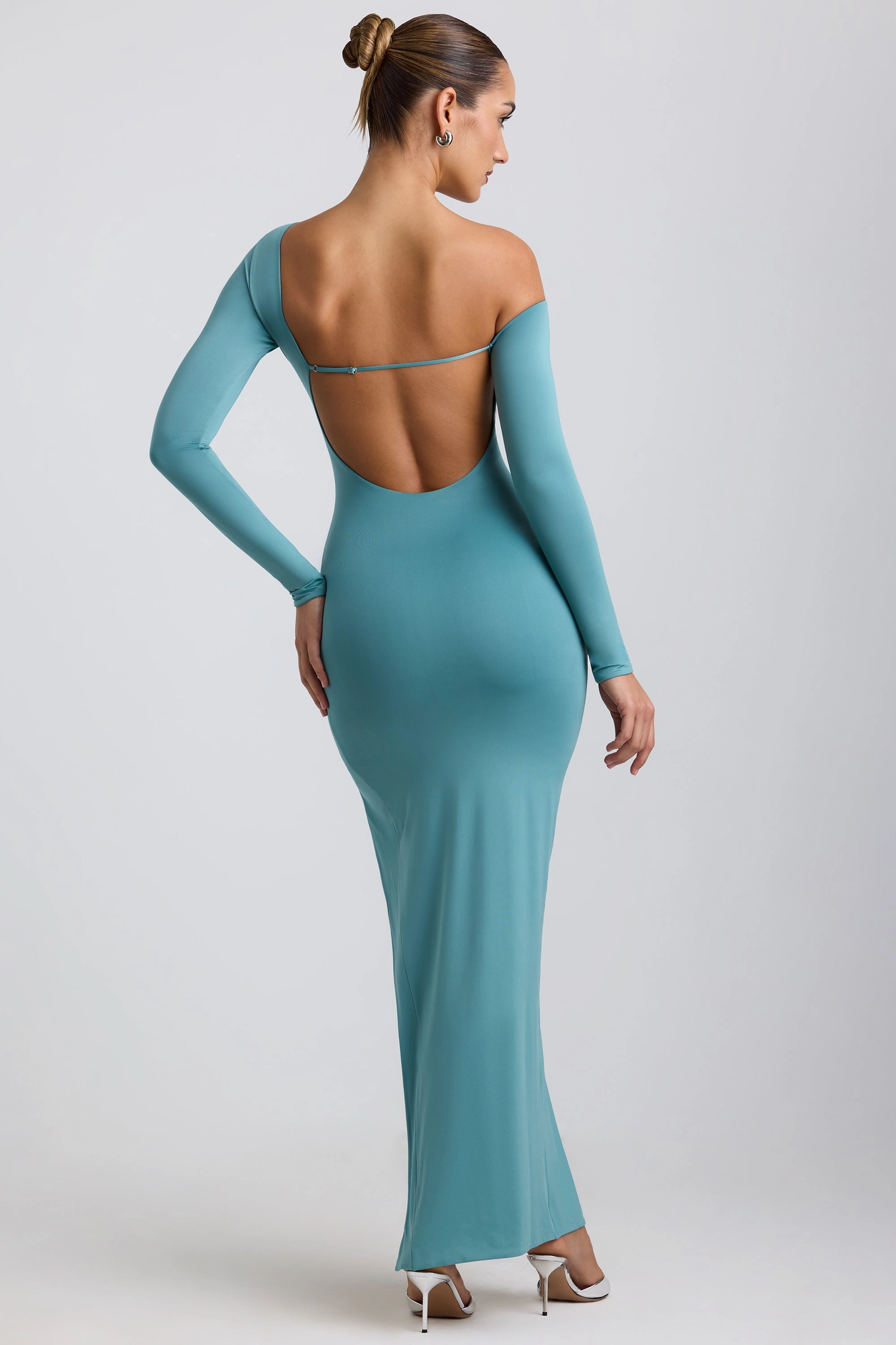 Slinky Jersey Asymmetric Ruched Hardware Detail Maxi Dress in Sea Green