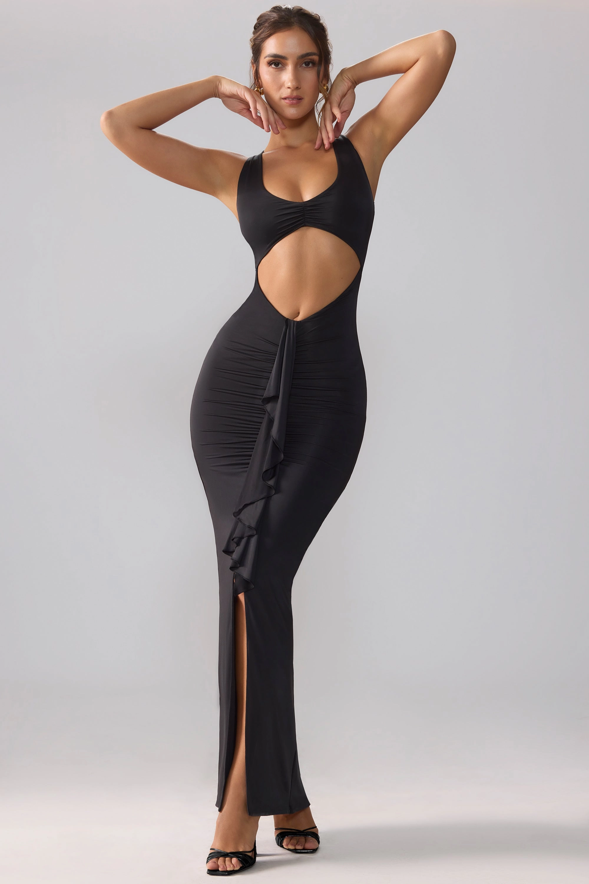 Slinky Jersey Cut Out Ruffle Racerback Maxi Dress in Black Dresses - dresses on sale