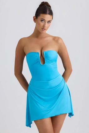 Slinky Jersey Draped A-Line Mini Dress in Aqua Blue Dresses - evening gowns outlet