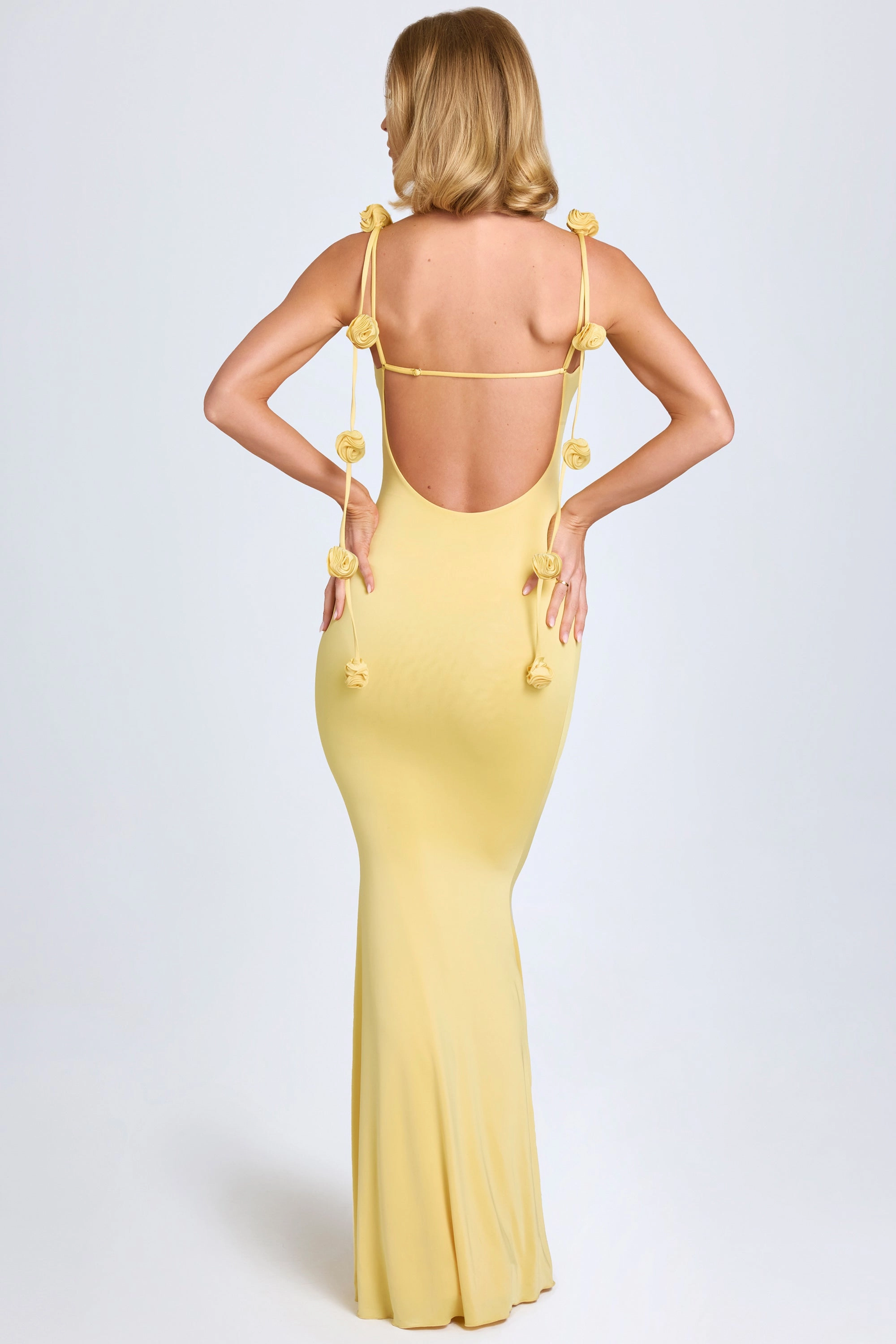 Slinky Jersey Floral-AppliquGown in Pastel Yellow