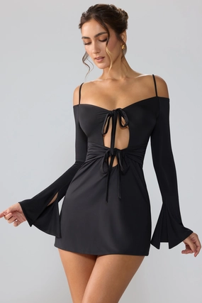 Slinky Jersey Long Sleeve Cut Out Mini Dress in Black Dresses - dresses on sale