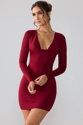 Slinky Jersey Long Sleeve Plunge Neck Mini Dress in Ruby shop for Dresses online