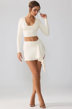 Slinky Jersey Mid Rise Ruffle Layer Mini Skirt in Ivory Bottoms Womens - women's pants clearance