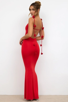 Slinky Jersey Rose Detail Evening Gown in Scarlet Red Dresses - maxi dresses best price