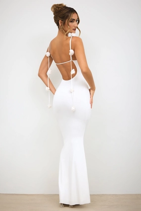 Slinky Jersey Rose Detail Evening Gown in White Dresses - maxi dresses best price