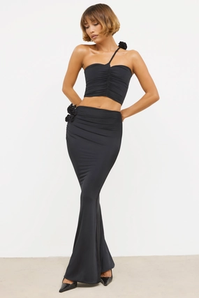 Slinky Jersey Rose Detail Mid-Rise Maxi Skirt in Black Bottoms Womens - women's pants clearance