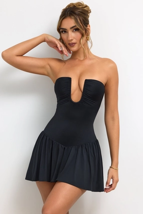 Slinky Jersey Strapless Plunge Neck Mini Dress in Black Dresses - dresses on sale
