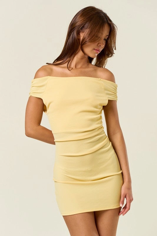 Sofia Ruched Off Shoulder Mini Dress