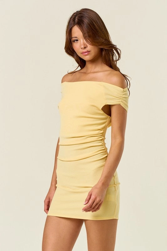Sofia Ruched Off Shoulder Mini Dress