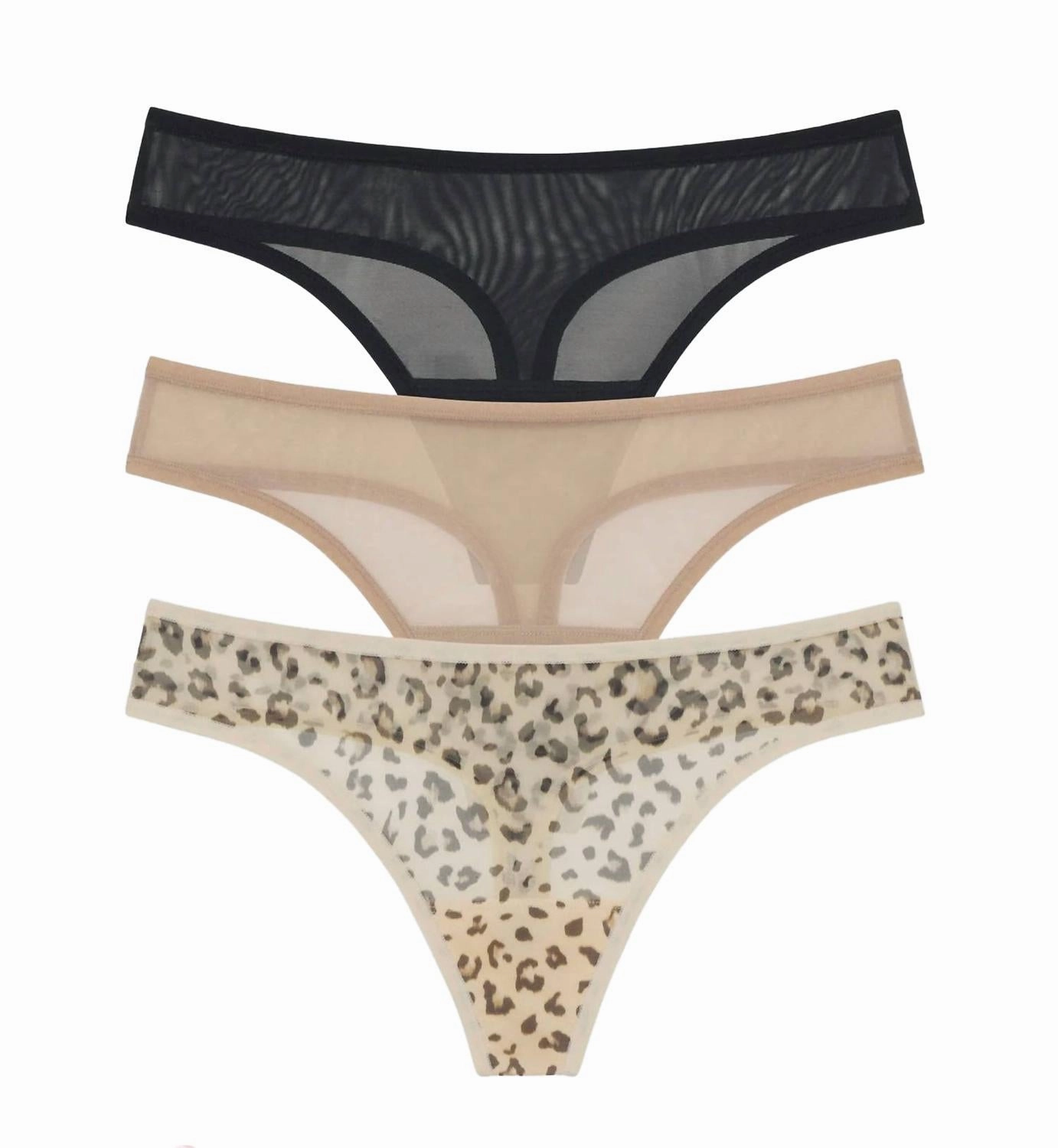 Spellbound Mesh Thong - 3-Pack In Black/beige/leopard