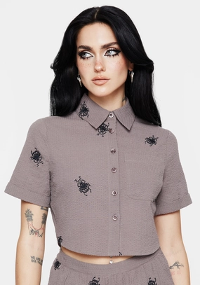 Stag Beetle Embroidered Button Up Shirt Tops Womens - women's blouses clearance