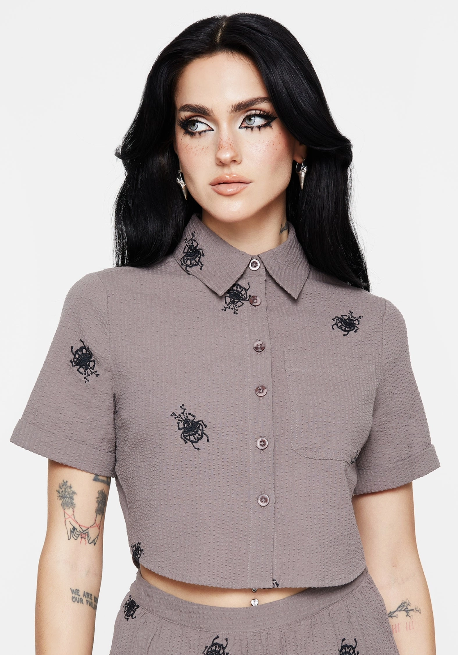 Stag Beetle Embroidered Button Up Shirt Tops Womens - women's blouses clearance