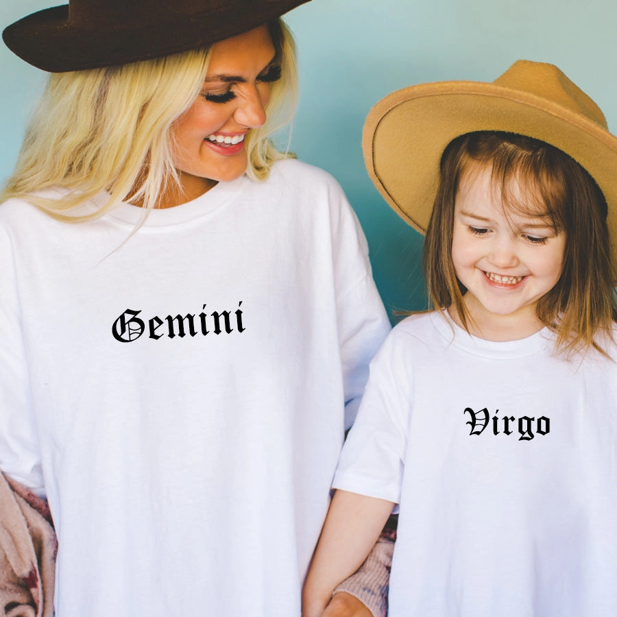 Star Signs Personalised Adult & Kid Matching White T-Shirts