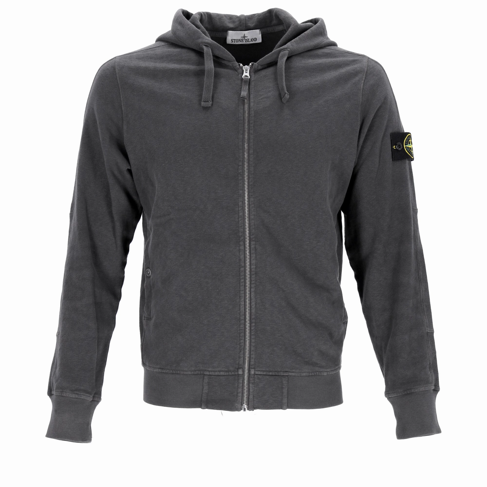 Stone Island Logo Patch Zipped Hoodie in Grey Cotton