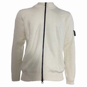 Stone Island Rib Knit Zip Sweater in White Wool chunky knit discount