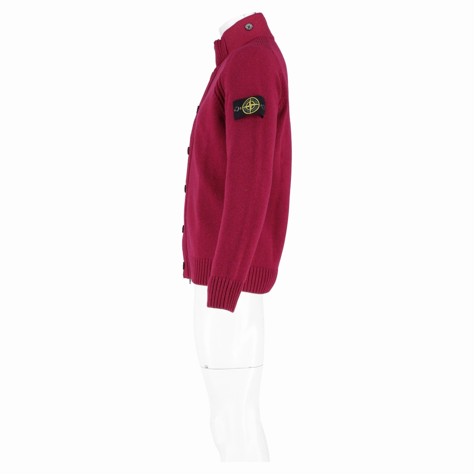 Stone Island Zipped Cardigan with Buttons in Burgundy Lambswool