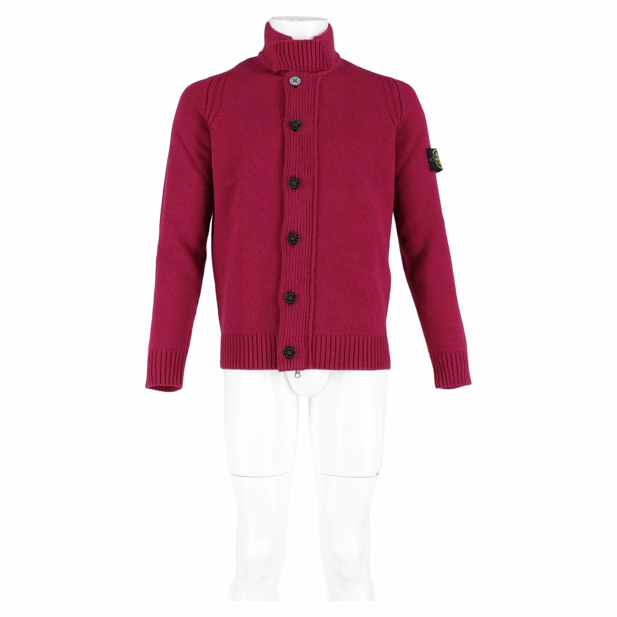 Stone Island Zipped Cardigan with Buttons in Burgundy Lambswool