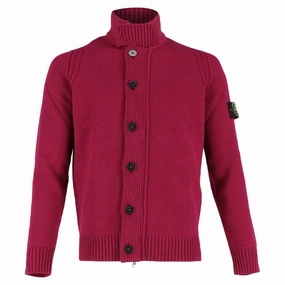 Stone Island Zipped Cardigan with Buttons in Burgundy Lambswool turtleneck sweaters sale