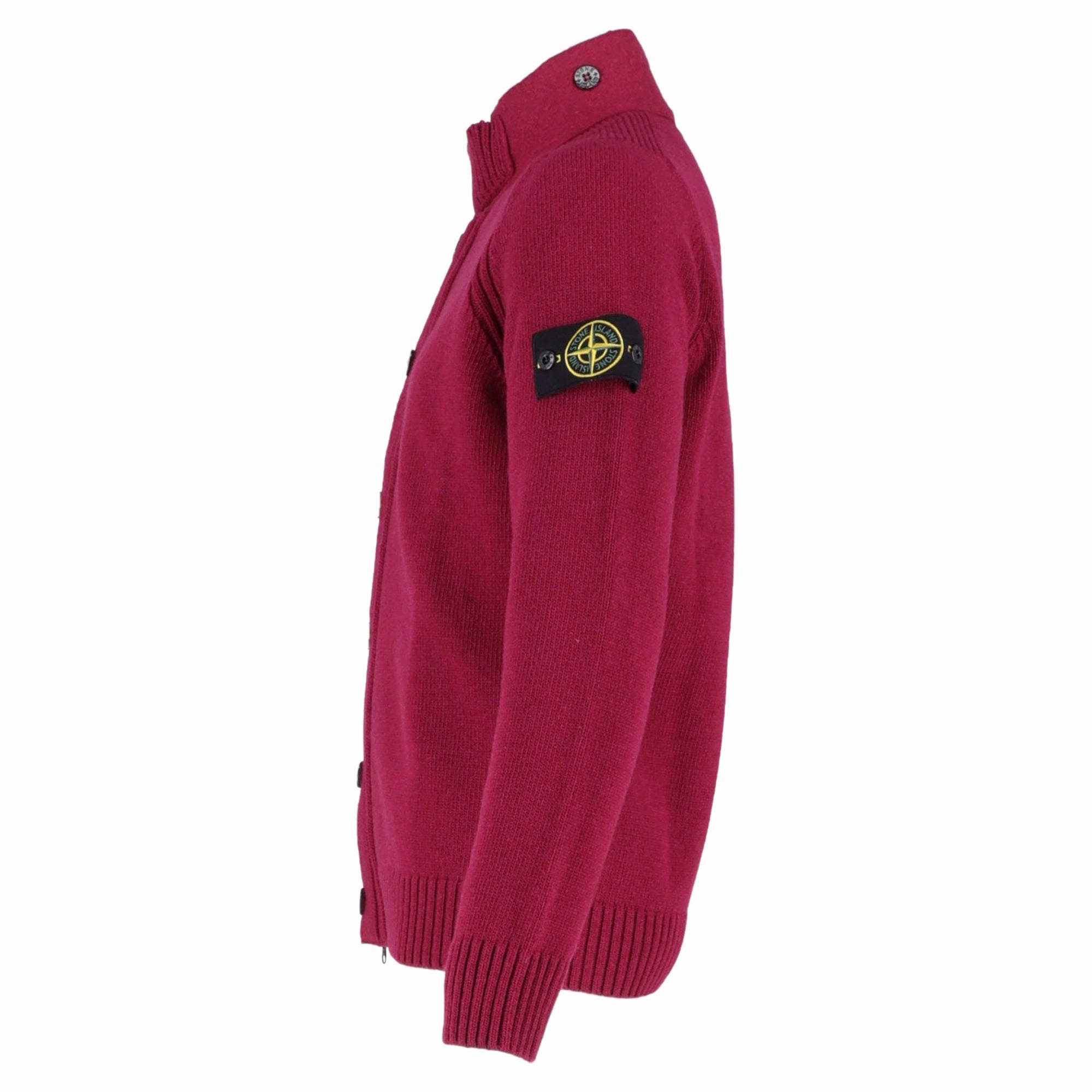 Stone Island Zipped Cardigan with Buttons in Burgundy Lambswool