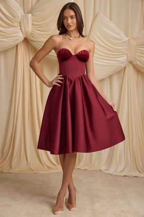 Strapless Corset Midi Dress in Wine Red Dresses - party dresses cheap