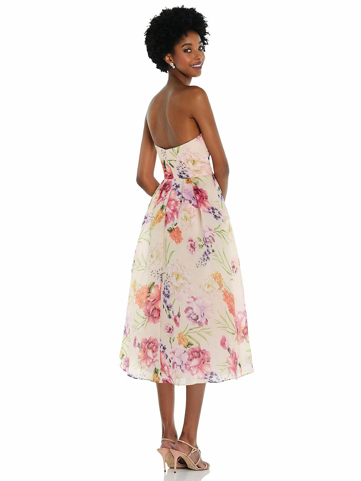 Strapless Pink Floral Organdy Midi Dress
