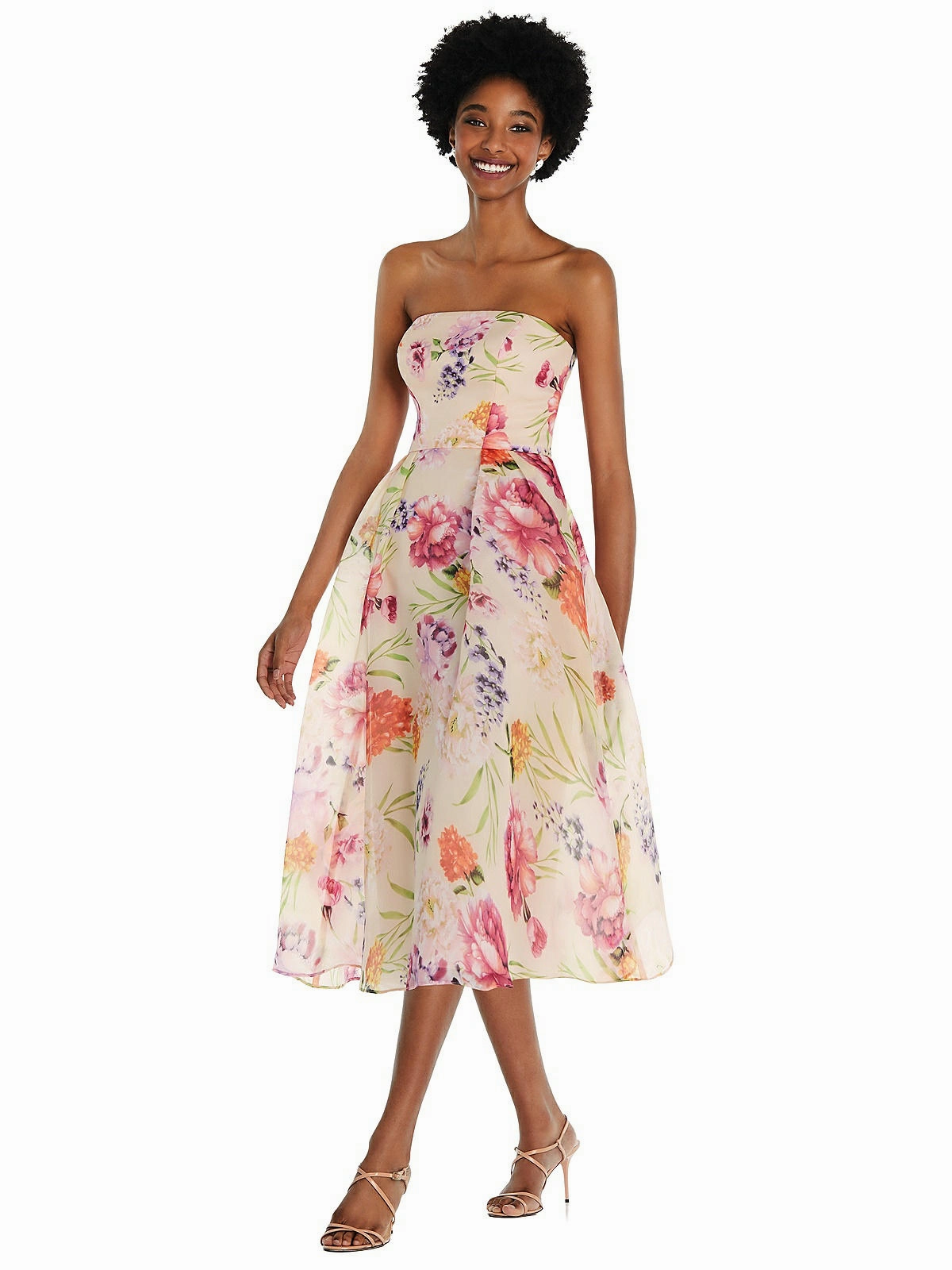 Strapless Pink Floral Organdy Midi Dress