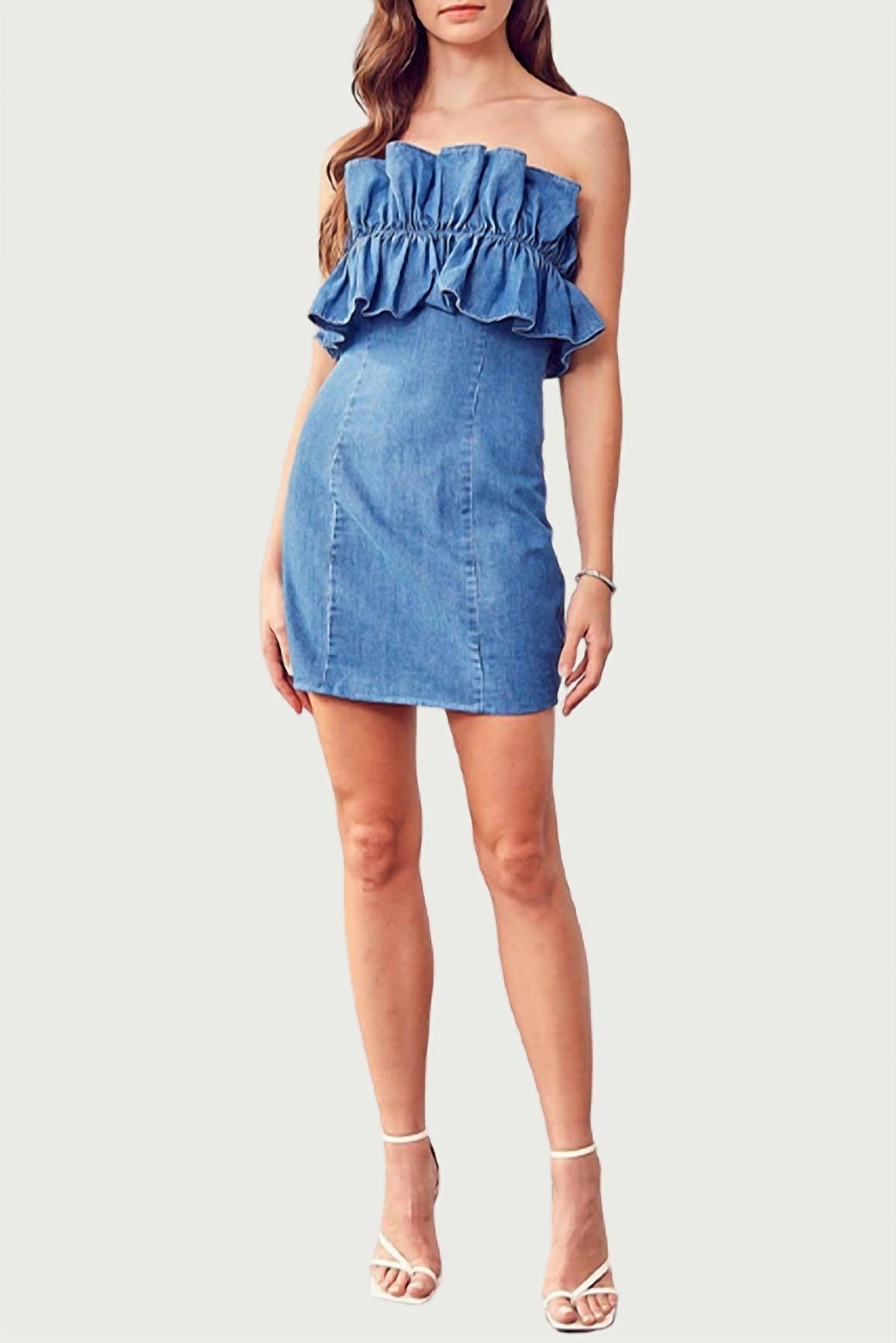 Strapless Ruffled Denim Mini Dress In Blue